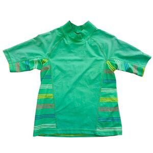 Patagonia Girls Rash Guard Swim Shirt Green Striped Short Sleeve High Neck Sz XS